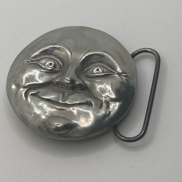 Vtg 70’s Bergamot Brass Works Art Nouveau Style Moon Face Belt Buckle 2.4” - Picture 4 of 10